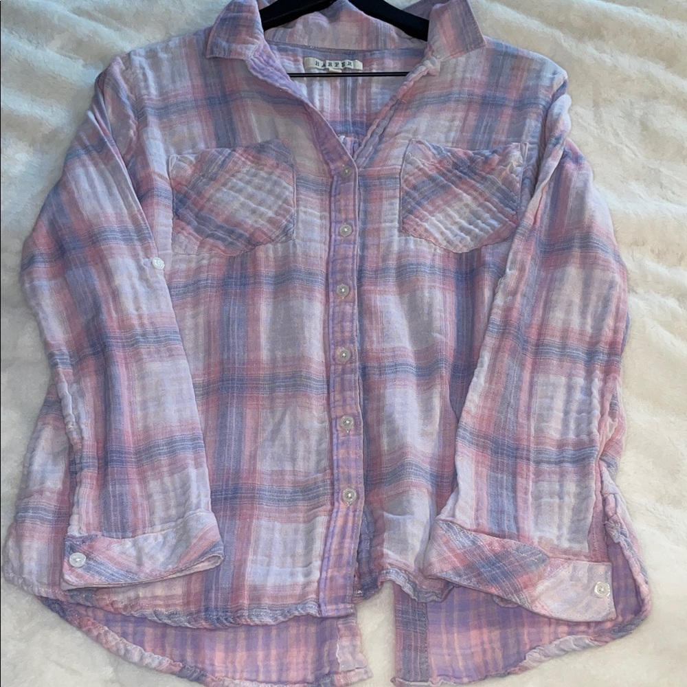 Harper size M purple/pink/white plaid button-down, soft cotton shirt